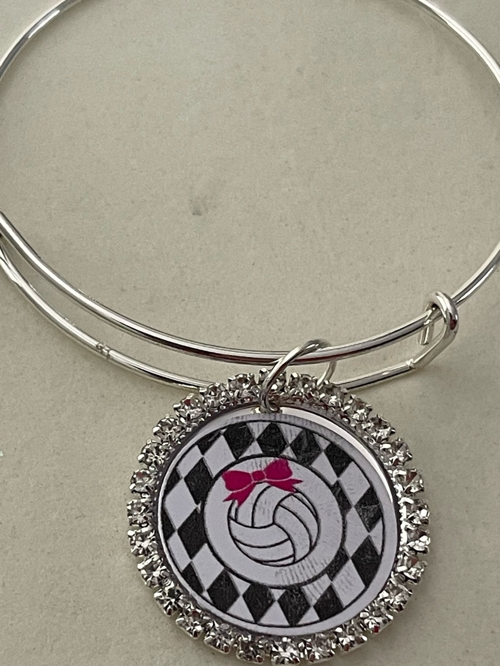 Silver Crystal Volleyball Charm Bangle with Pink Bow